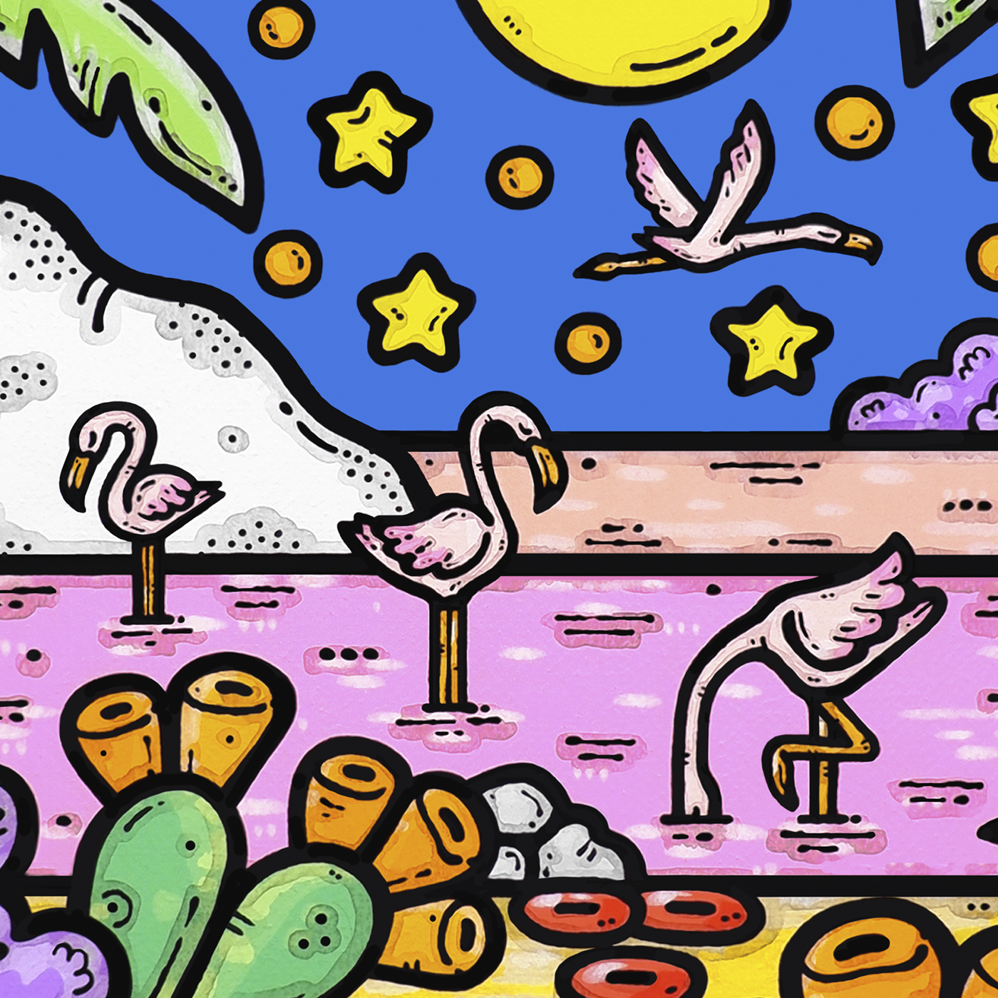 ferrulli, contornismo metafisico, ferrulli store, colore, arte, saline, margherita di savoia, fenicotteri, design, puglia, artista, dipinto, francesco ferrulli, quadro, oasi d'amore