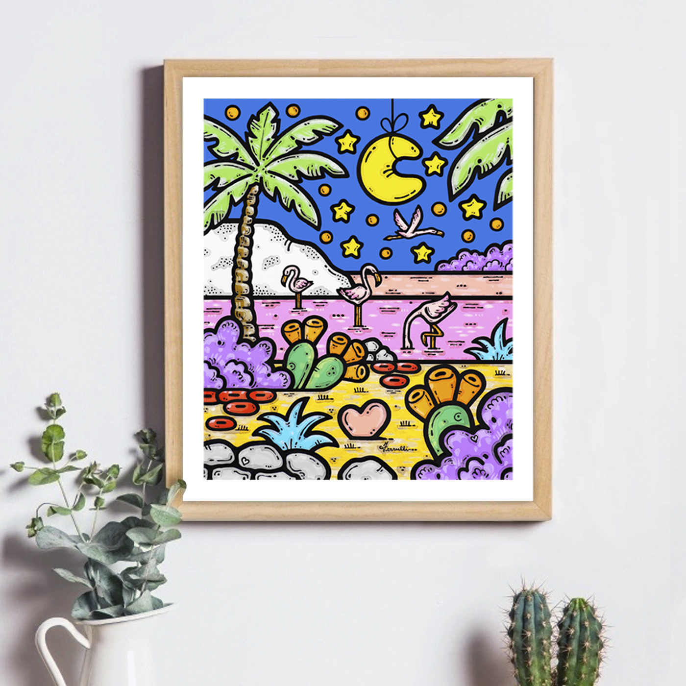 ferrulli, contornismo metafisico, ferrulli store, colore, arte, saline, margherita di savoia, fenicotteri, design, puglia, artista, dipinto, francesco ferrulli, quadro, oasi d'amore